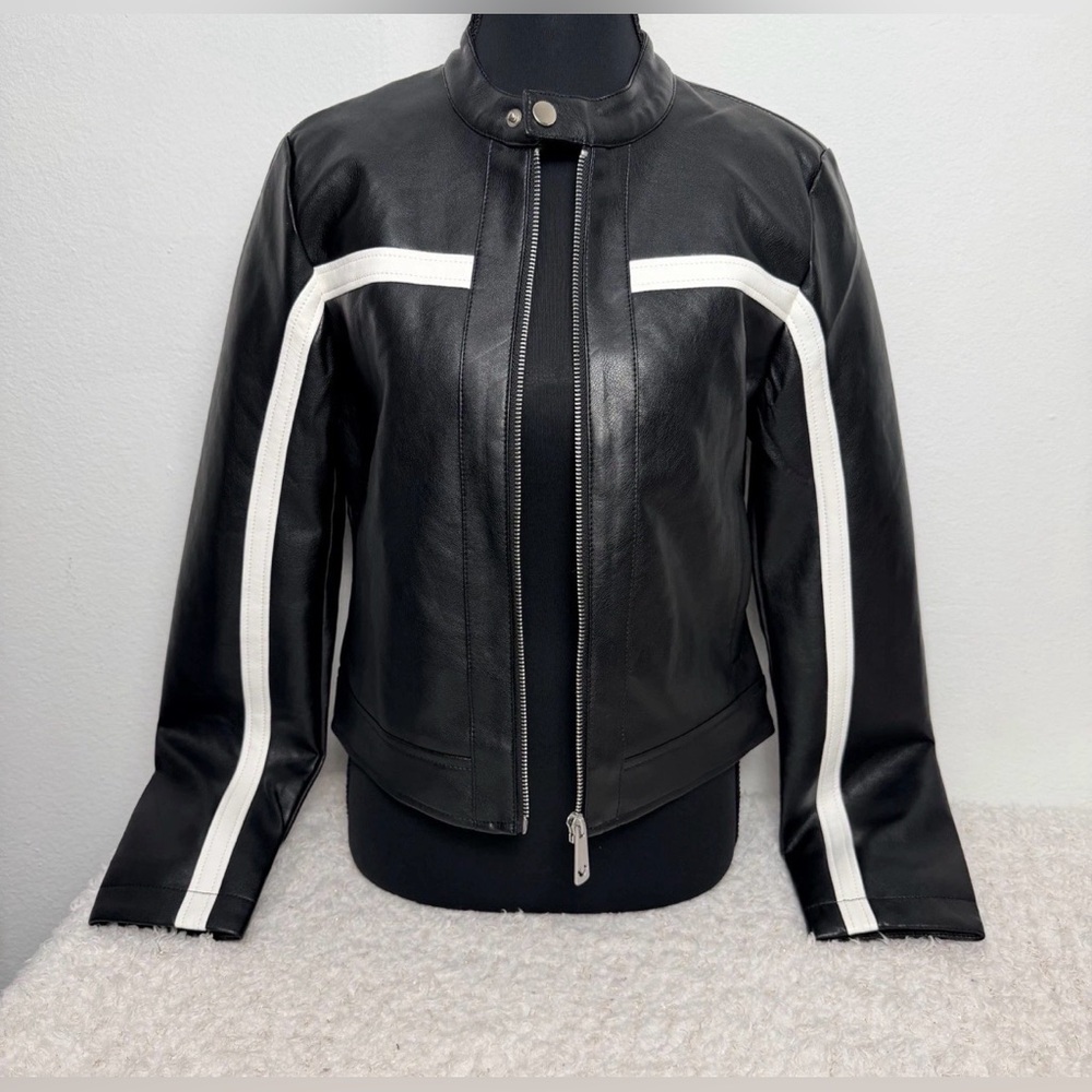 TRUE RELIGION Black Biker Stripe Faux Leather Jacket Medium